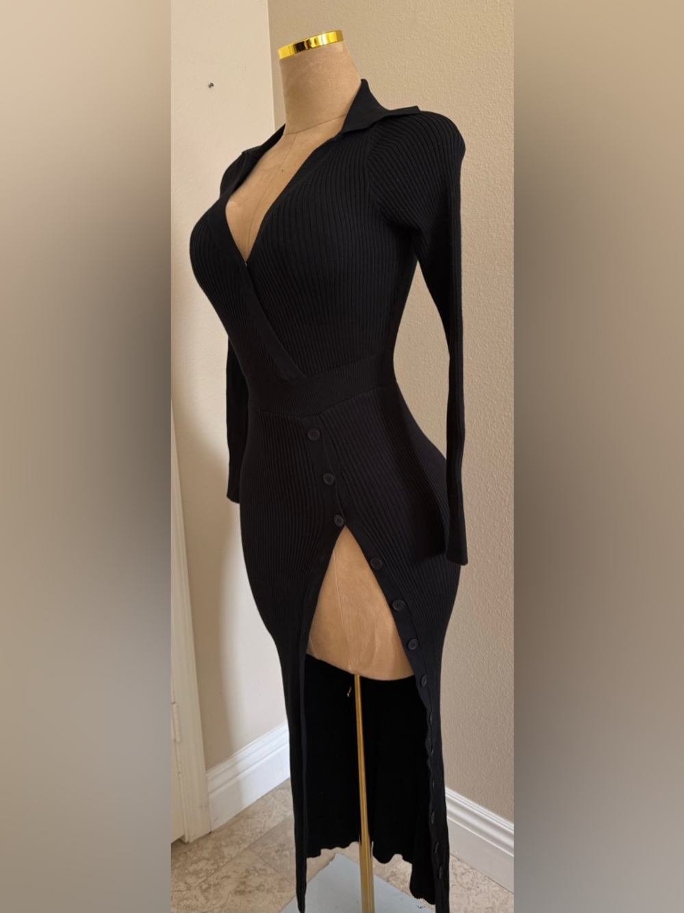 Ribbed Button-Accent Black Long Sleeve Dress NWT